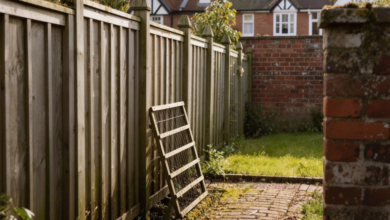Weathered timber closeboard fence and old brick boundary wall along a Victorian terraced back garden in England