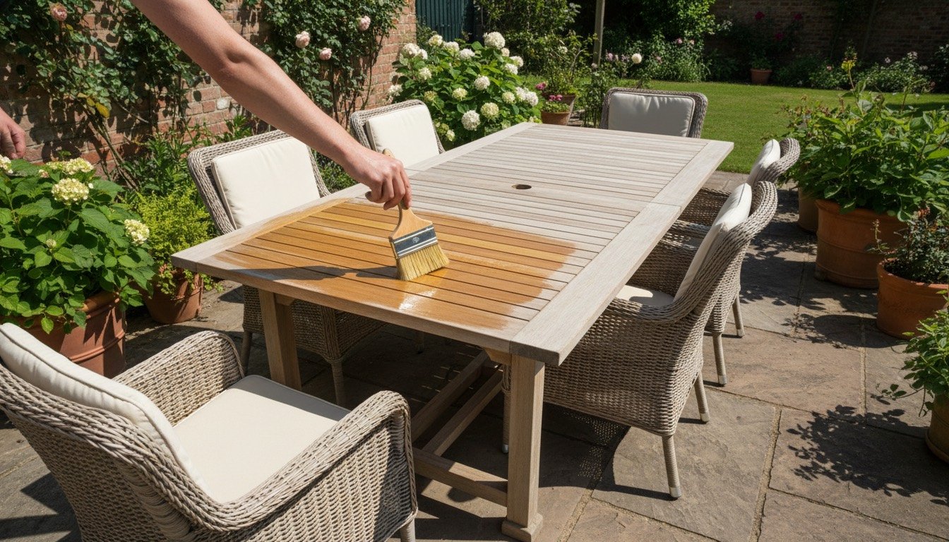 Teak garden table being oiled to a warm glow beside clean rattan chairs