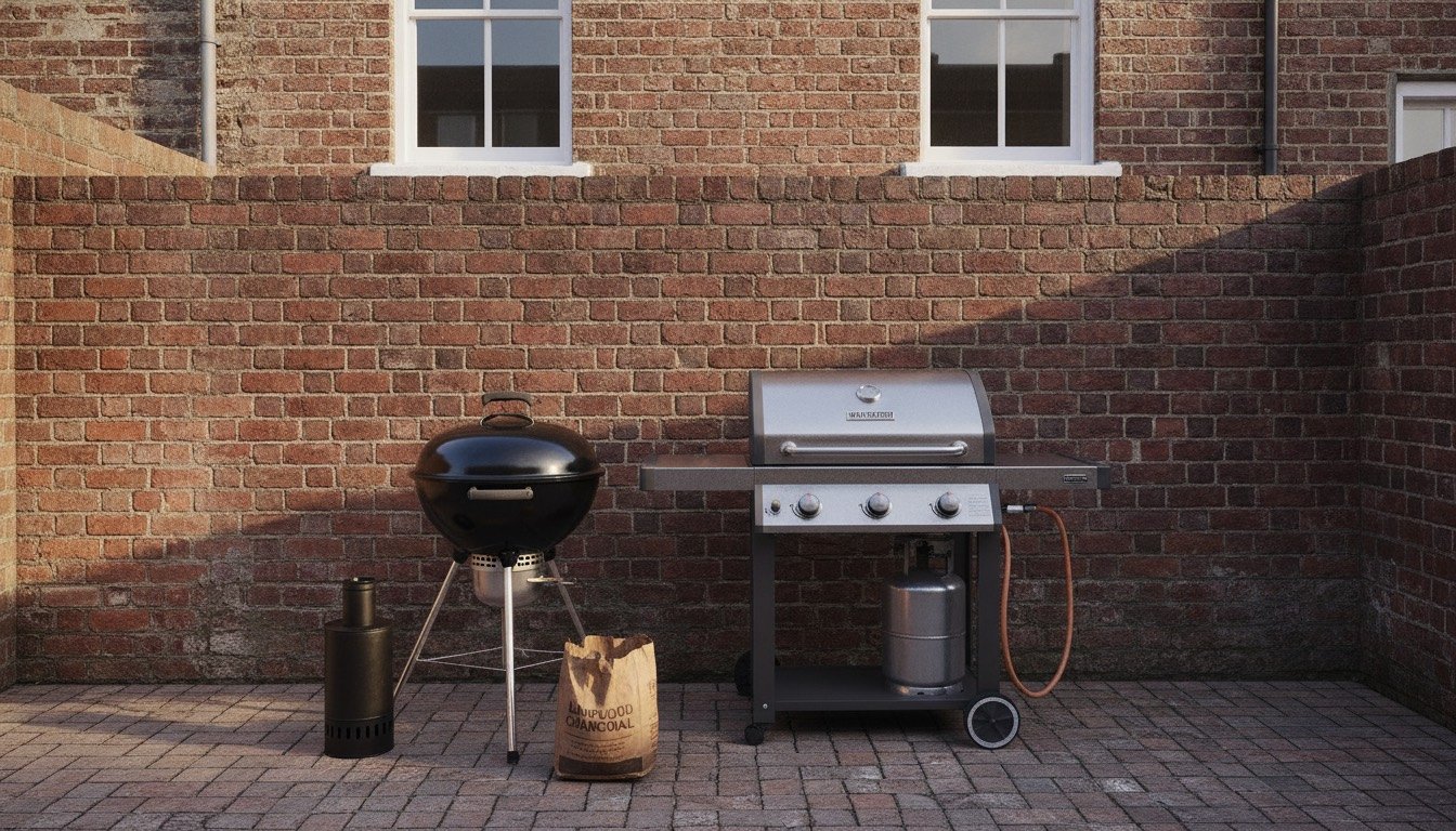 A charcoal kettle barbecue and a three-burner gas barbecue side by side on a brick-paved courtyard behind a Victorian terraced house
