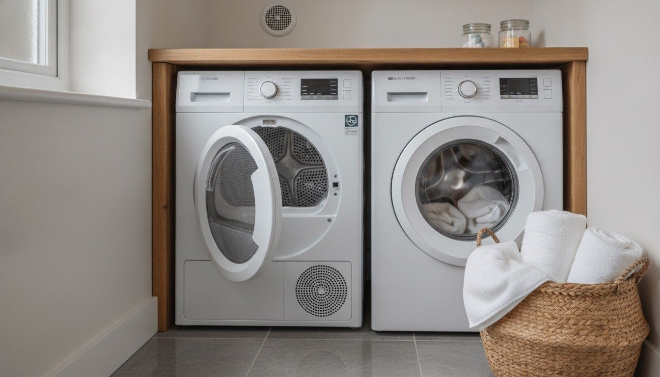 A white freestanding tumble dryer in a UK utility room with its lint filter pulled out and a basket of folded towels alongside