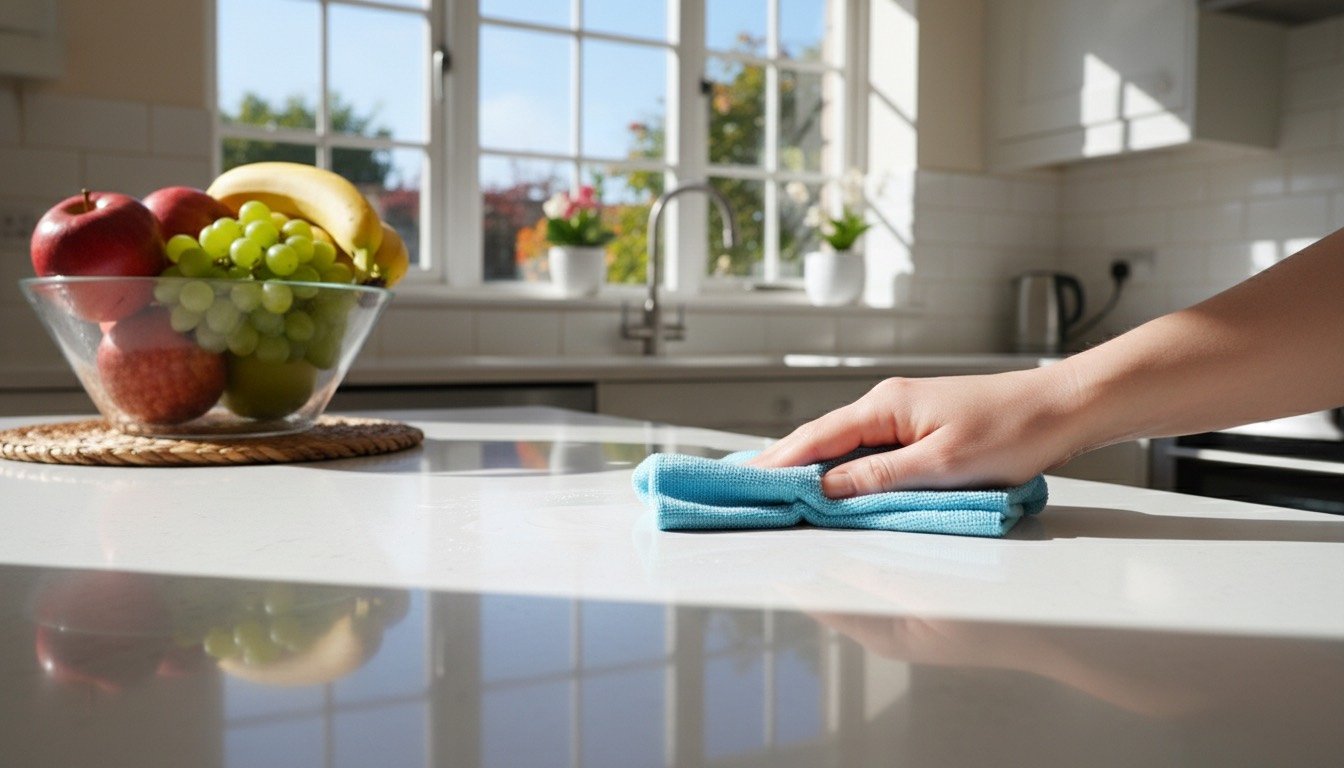 Kitchen worktop being wiped spotlessly clean beside a sunny window