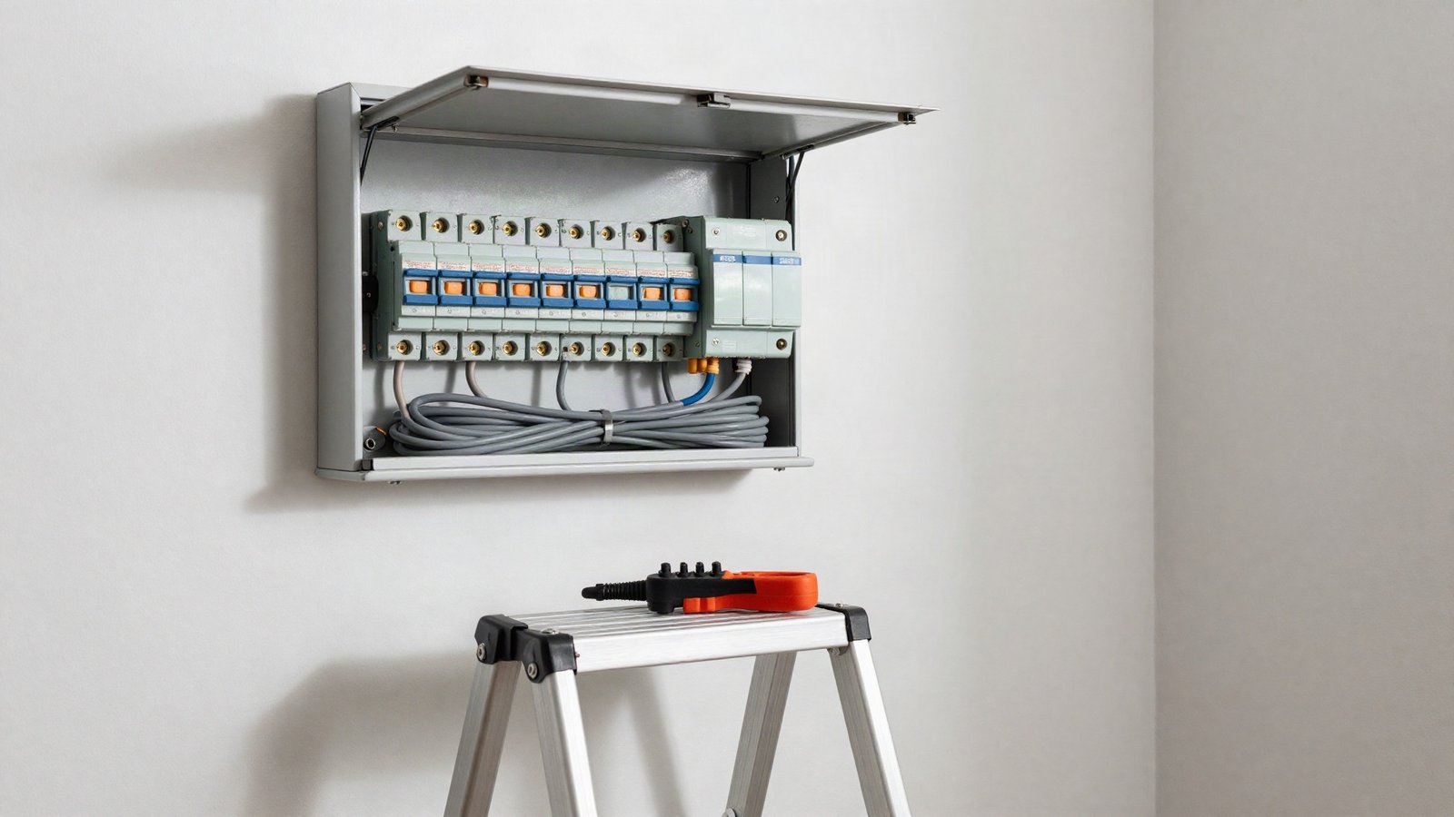 Open UK consumer unit on a hallway wall showing a row of RCBOs and an AFDD, with a socket tester and coiled twin-and-earth cable below