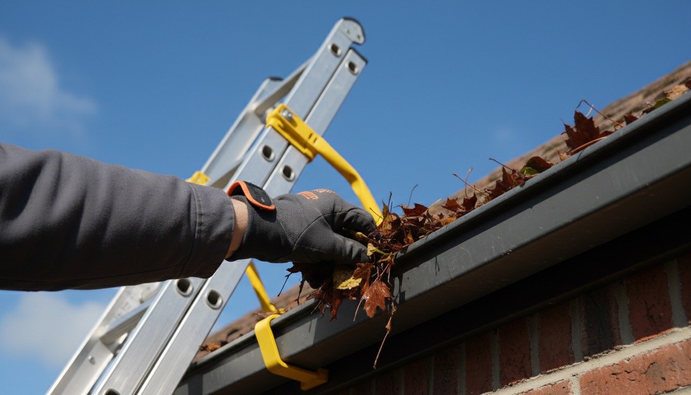 Gloved hand clearing autumn leaves from a house gutter under a blue sky