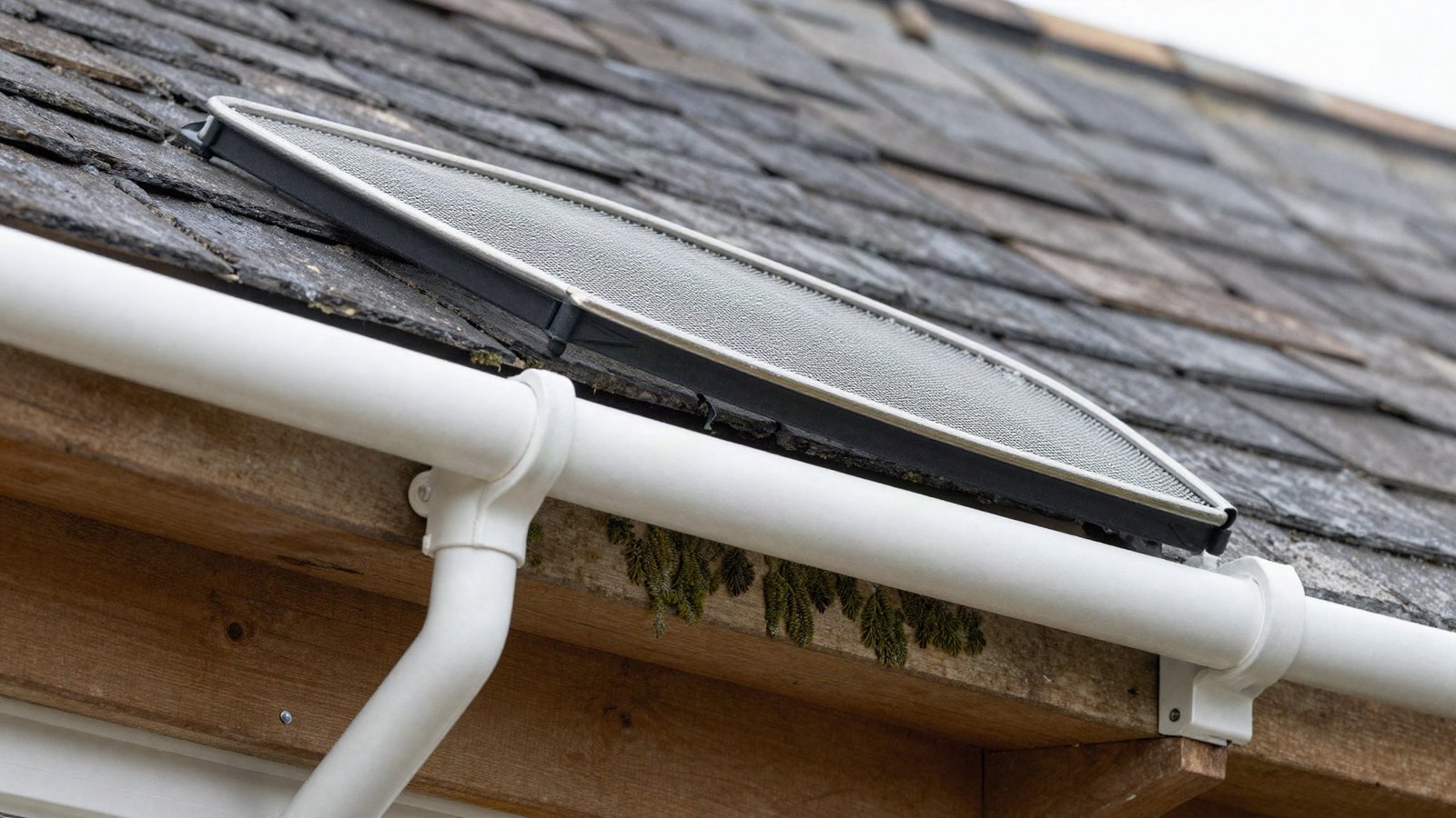 White uPVC half-round guttering on a slate roof edge with a black clip-in mesh screen panel and a stainless micro-mesh guard panel laid beside collected moss and leaves