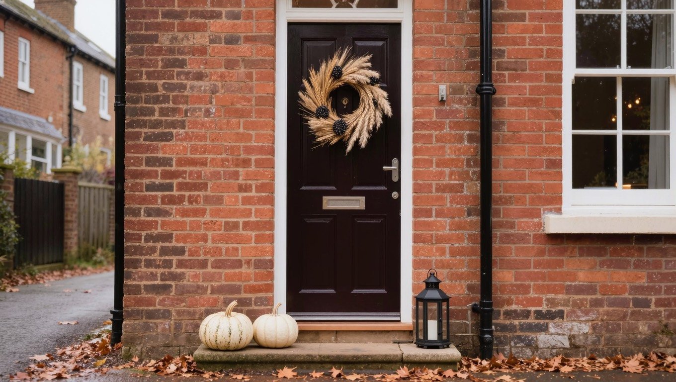 Victorian terraced house front door decorated with a dried floral autumn wreath, heirloom pumpkins and a lantern on the step