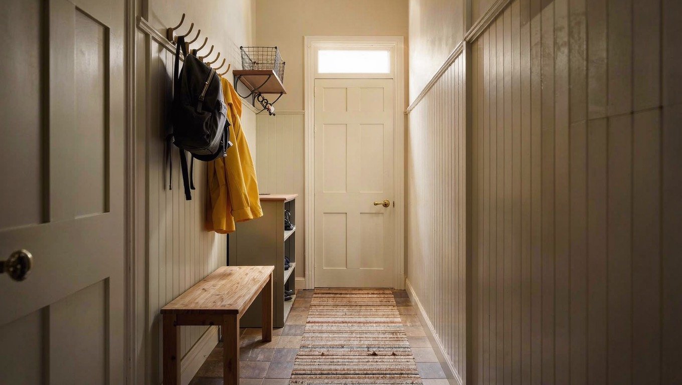 Narrow UK hallway drop zone with coat hooks holding school bags, a slim bench and wall-mounted shoe storage by the front door