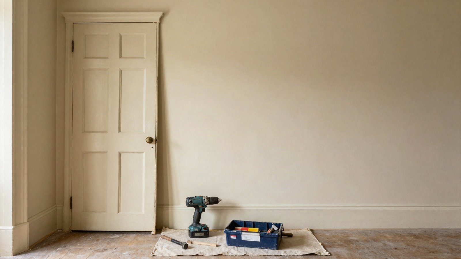 Cordless drill, hammer and a box of frame fixings on a dust sheet beside a partially re-hung panelled door in a Victorian terraced hallway