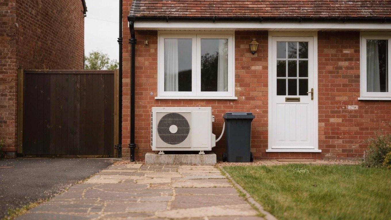 White air source heat pump unit mounted on the brick wall of a UK semi-detached house beside a slate garden path