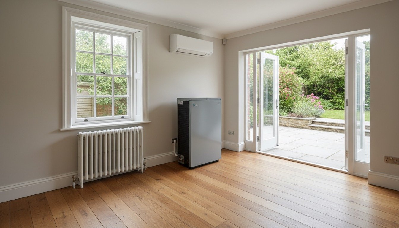 A wall-mounted air conditioning unit in a UK living room with an air source heat pump outdoor unit on the patio beyond the glass doors