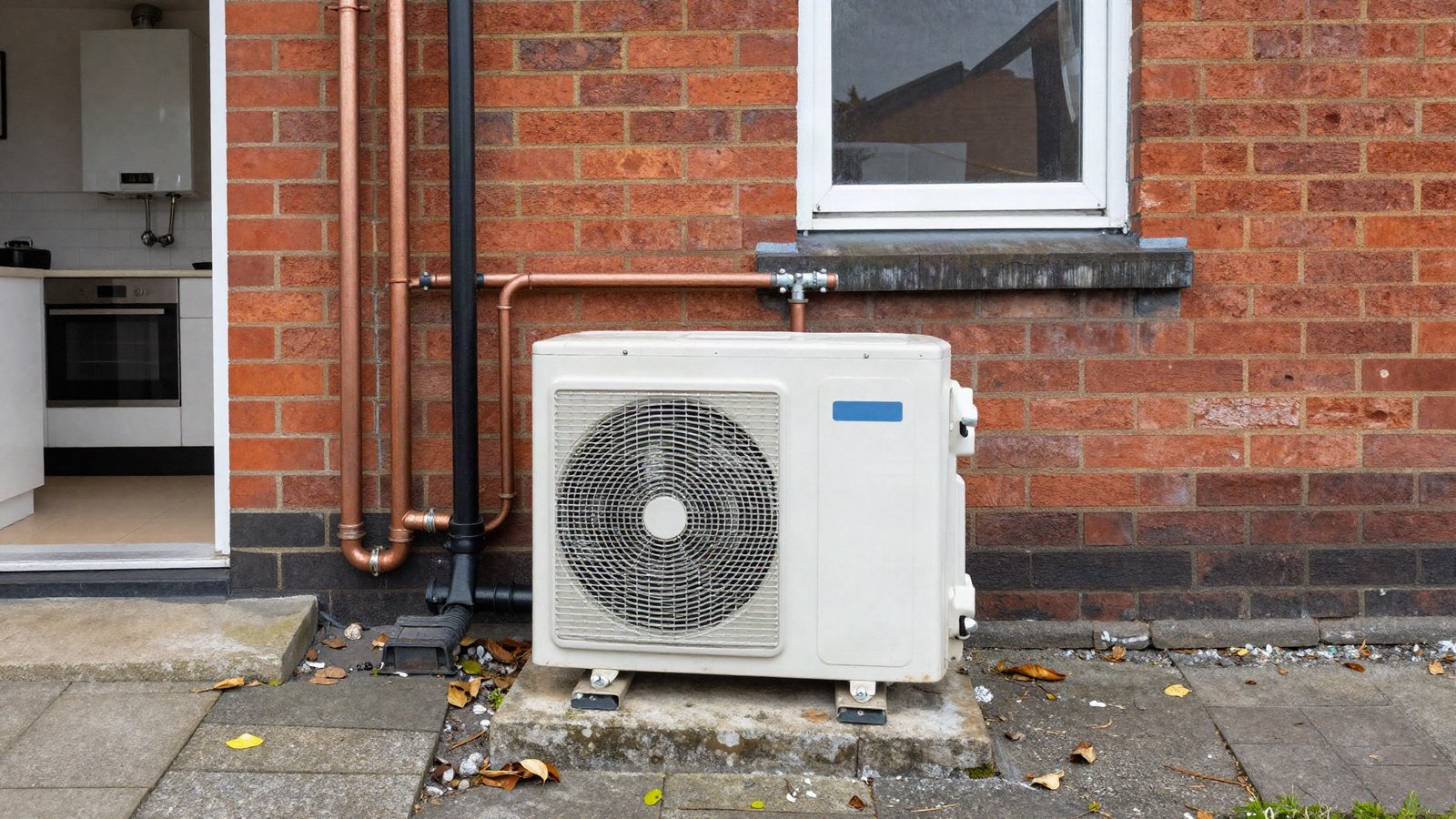 An air source heat pump unit on a paved patio beside the brick rear wall of a British semi-detached house, with a wall-mounted gas boiler visible inside