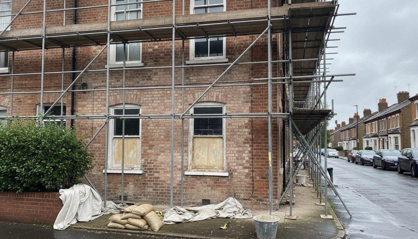 Victorian terraced house mid-renovation with scaffolding, exposed brickwork and original timber sash windows
