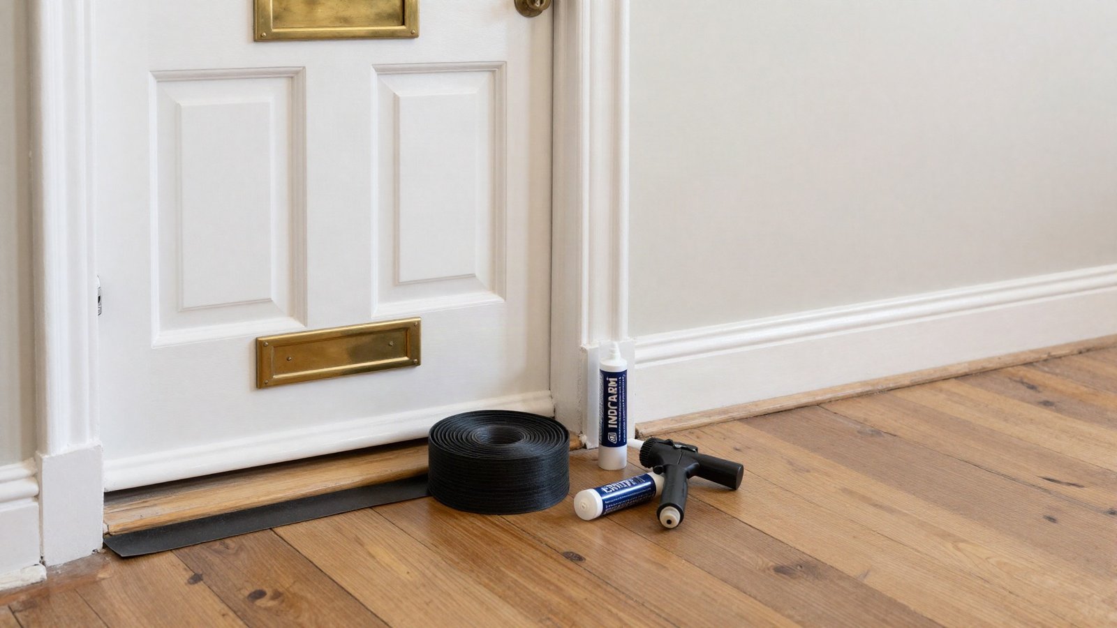 Victorian terrace hallway with a panelled front door, brush letterbox seal, roll of EPDM draught strip and a caulking gun on bare floorboards
