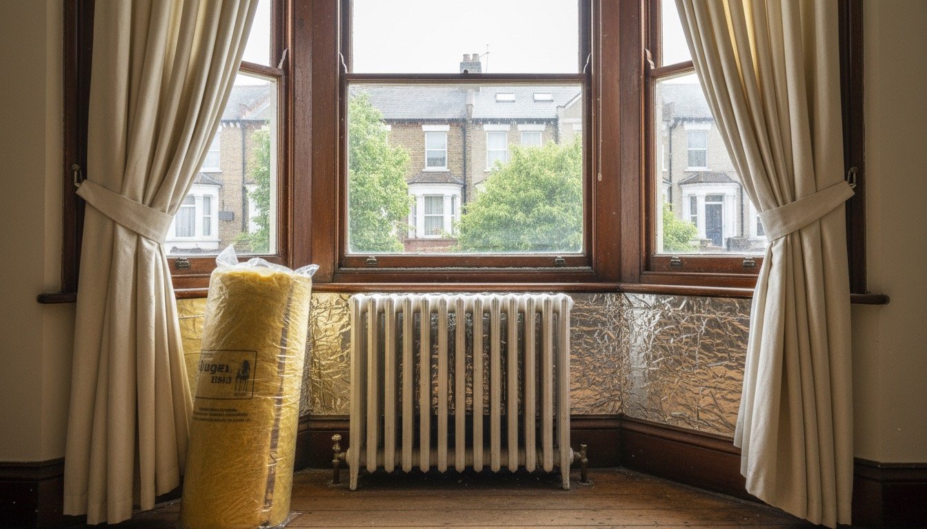 A Victorian bay window with original timber sash frames, a draught-excluder brush along the bottom rail and a radiator with a reflector panel behind it