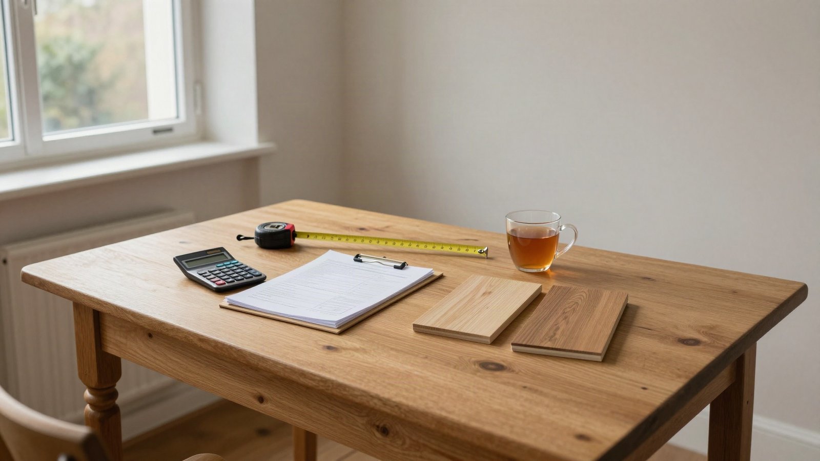 A kitchen table in a British home covered with renovation paperwork, a calculator, a tape measure and cabinet door samples, with a half-stripped plaster wall behind