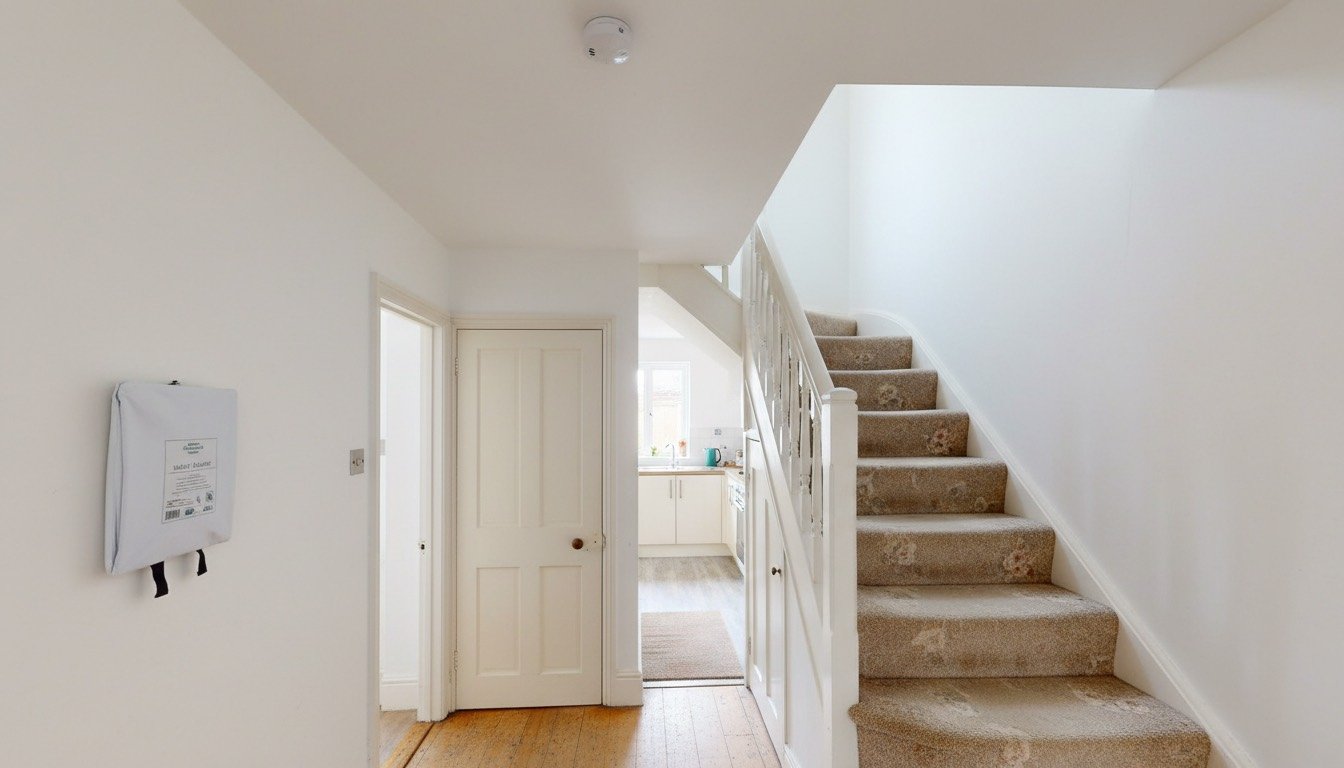 Ceiling-mounted optical smoke alarm above a hallway staircase in a UK home, with a fire blanket mounted beside the kitchen doorway