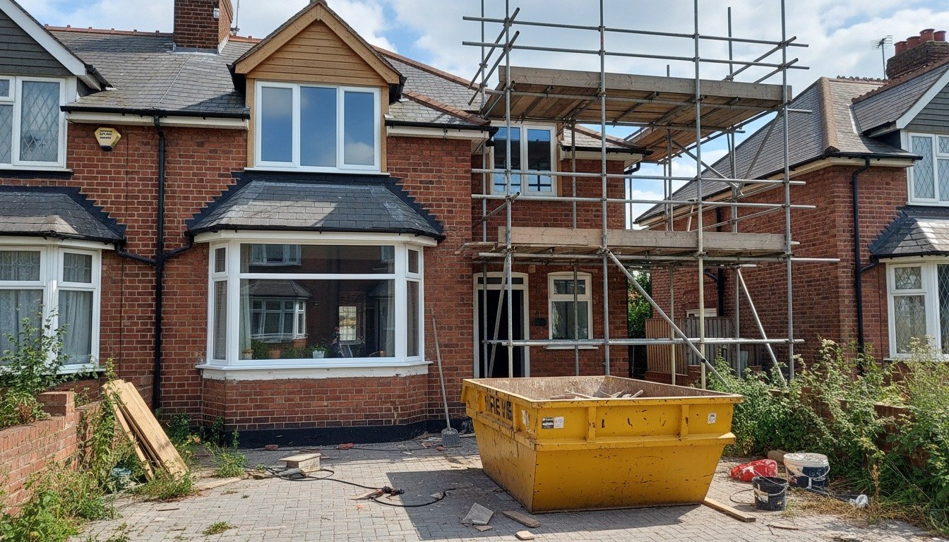 Red-brick UK semi-detached house with a new dormer loft extension and scaffolding during renovation work
