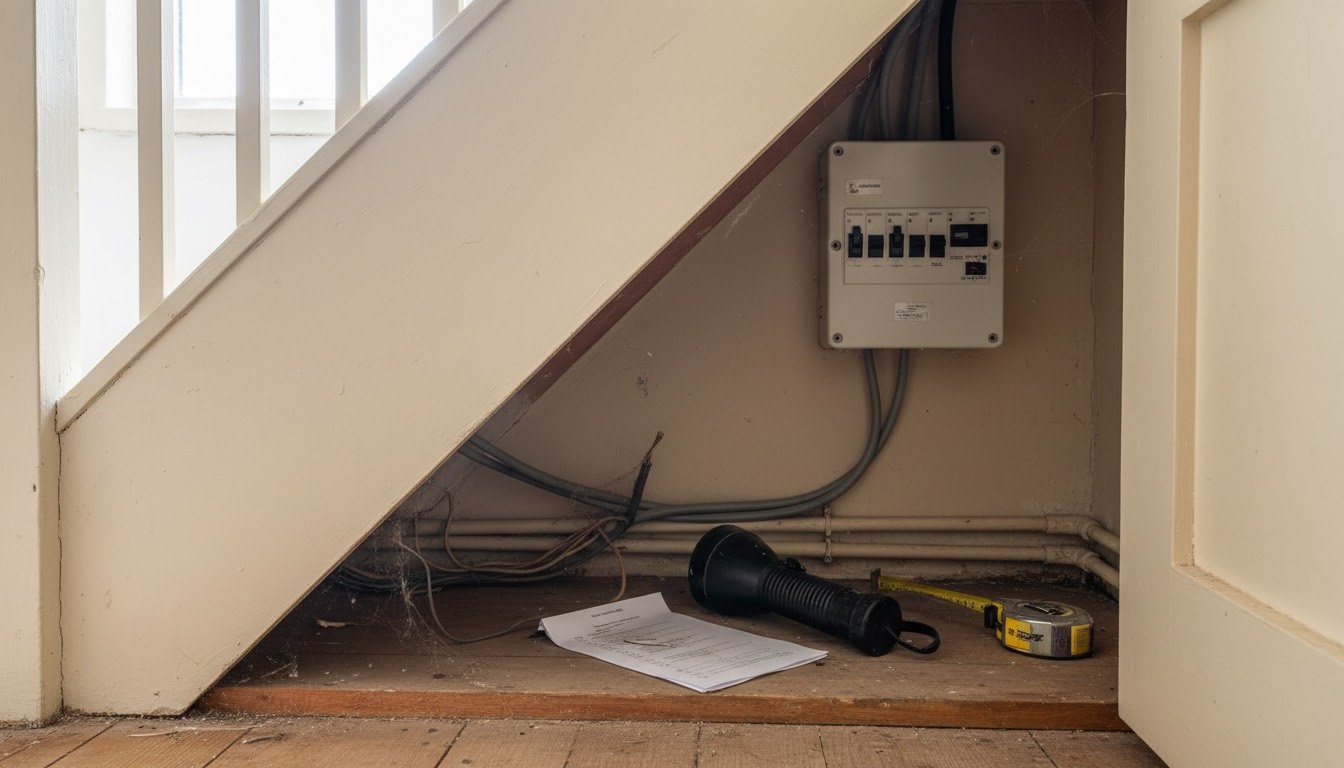A house buyer crouching with a torch beside an open under-stairs cupboard, checking a consumer unit against a printed inspection checklist