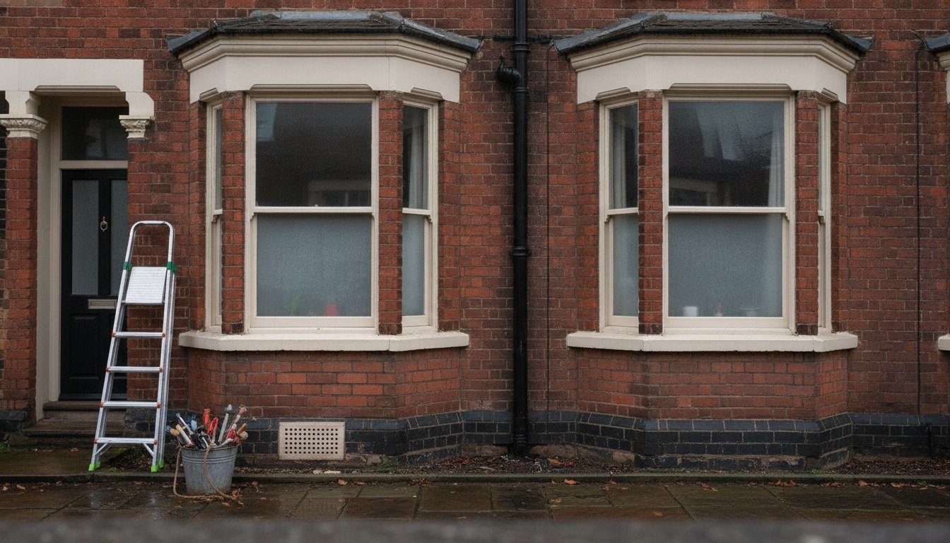 Victorian terraced house frontage with sash windows, cast-iron guttering and a ladder set up for autumn maintenance