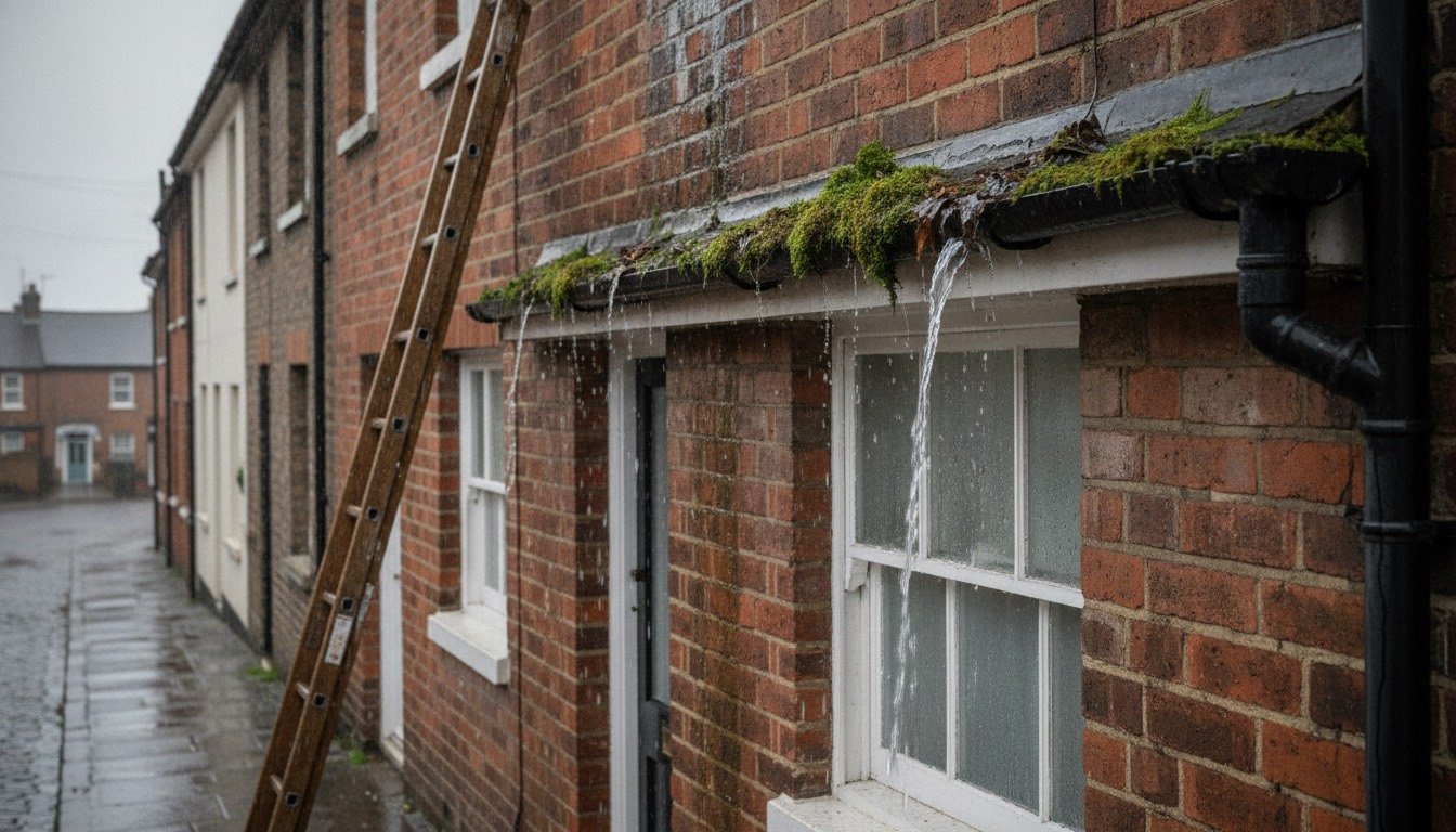 Overflowing cast iron gutter above a damp-stained brick wall on a British terraced house after heavy rain