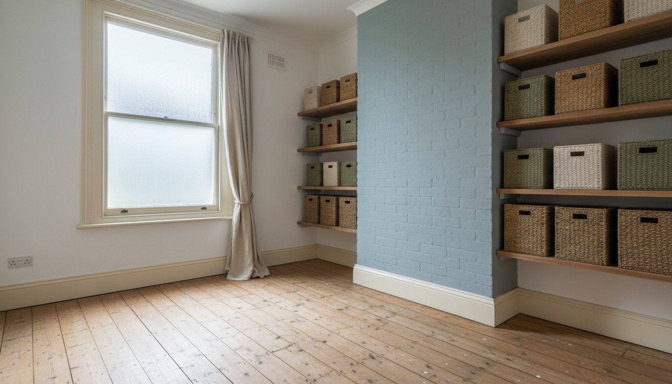A Victorian bedroom alcove beside a chimney breast with bracketed shelving, lidded storage crates and a sash window with condensation on the single glazing