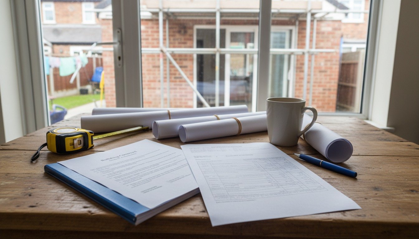 A printed building contract and itemised quotation on a kitchen table beside a tape measure, pen and mug, with scaffolding visible through the window