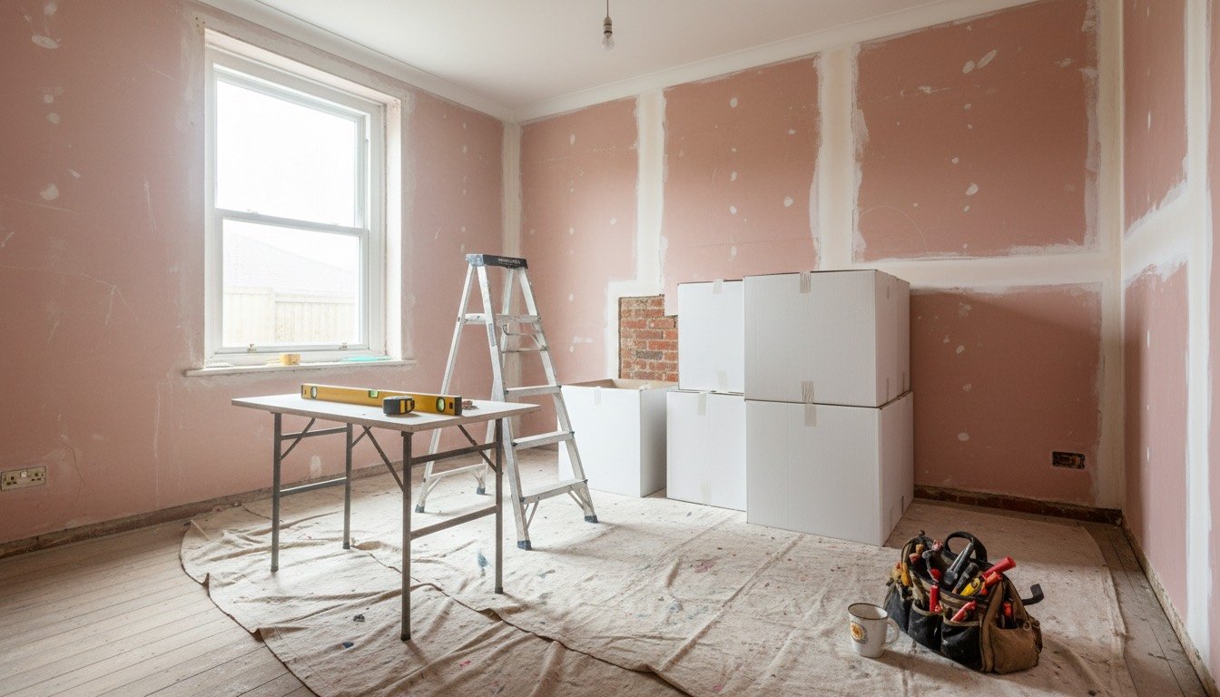 Half-renovated UK kitchen with bare plaster walls, a stepladder, dust sheets over floorboards and boxed flat-pack units stacked against the wall