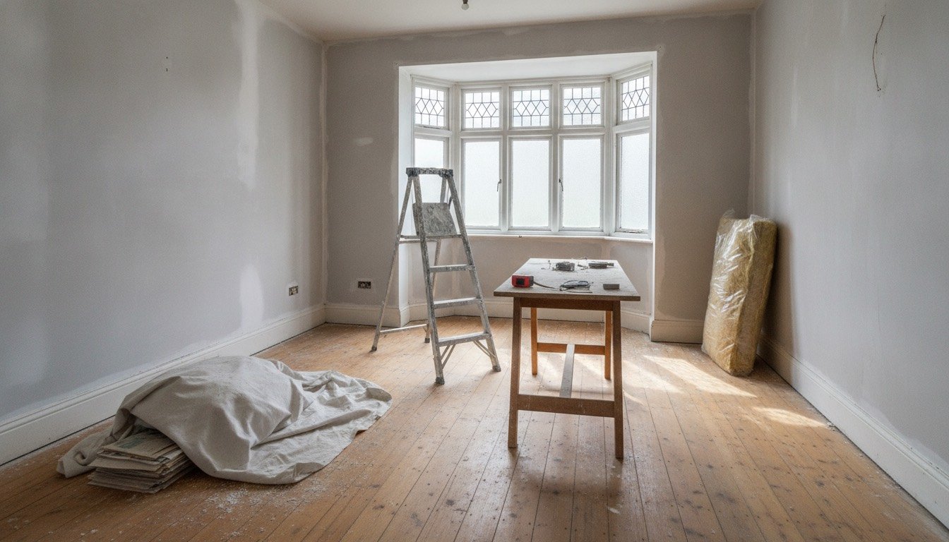 A stripped-back living room in a 1930s British semi mid-renovation, with bare plaster walls, exposed floorboards, dust sheets and a stepladder by the bay window