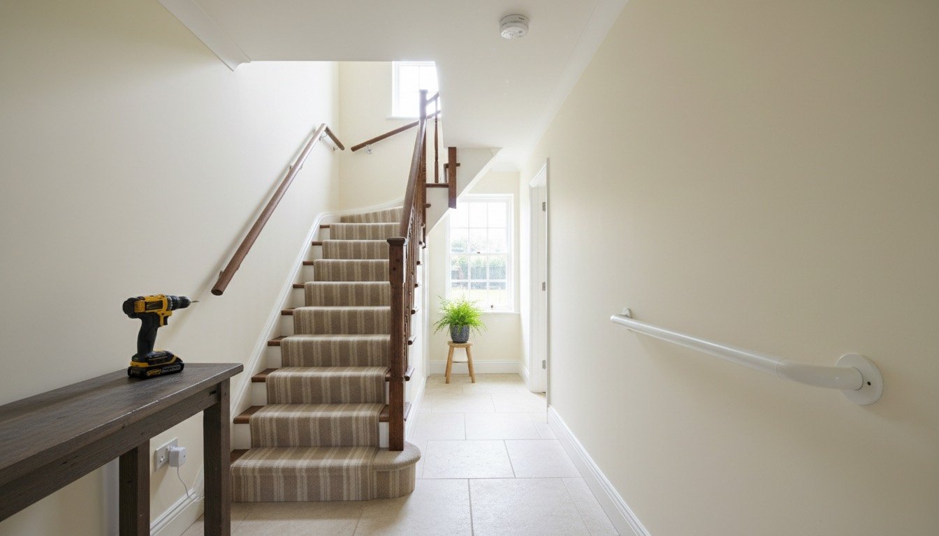 A UK hallway and carpeted staircase with handrails on both sides, a plug-in nightlight and a cordless drill and grab rail on the hall table
