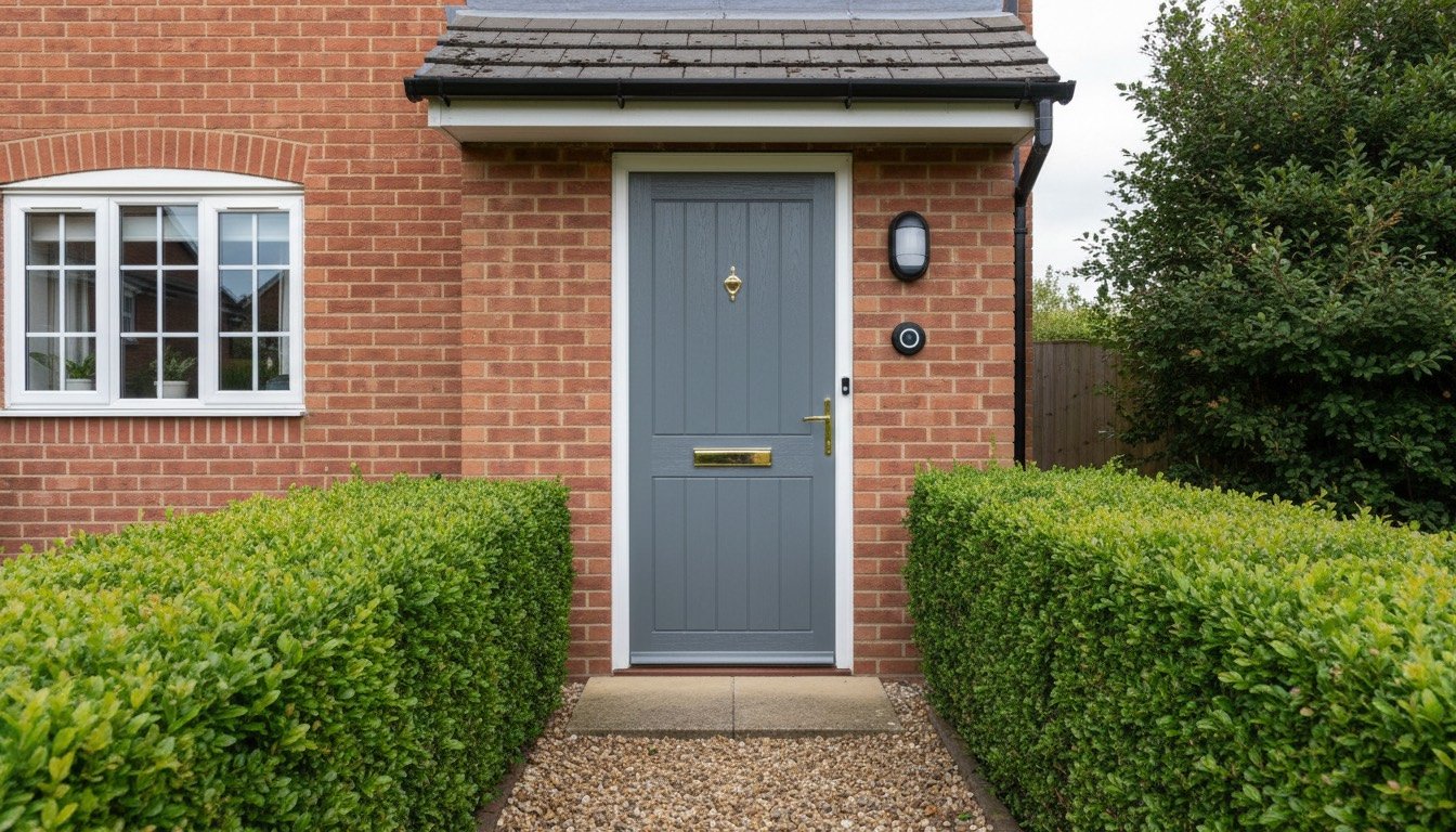 A UK composite front door with an anti-snap euro cylinder, letter plate cowl and a video doorbell beside the frame