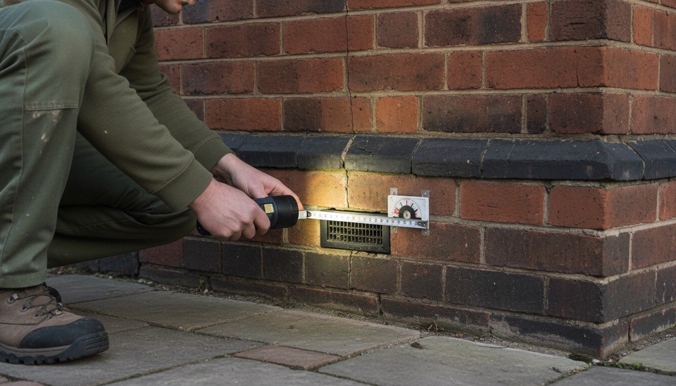 A person holding a torch and crack gauge examining brickwork and a damp proof course on the outside wall of a Victorian terraced house