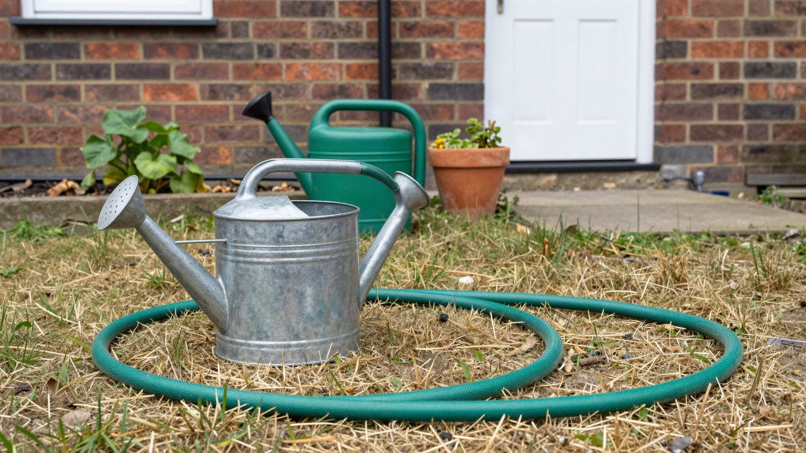 A metal watering can and coiled garden hose on a parched brown lawn beside a water butt in a UK garden