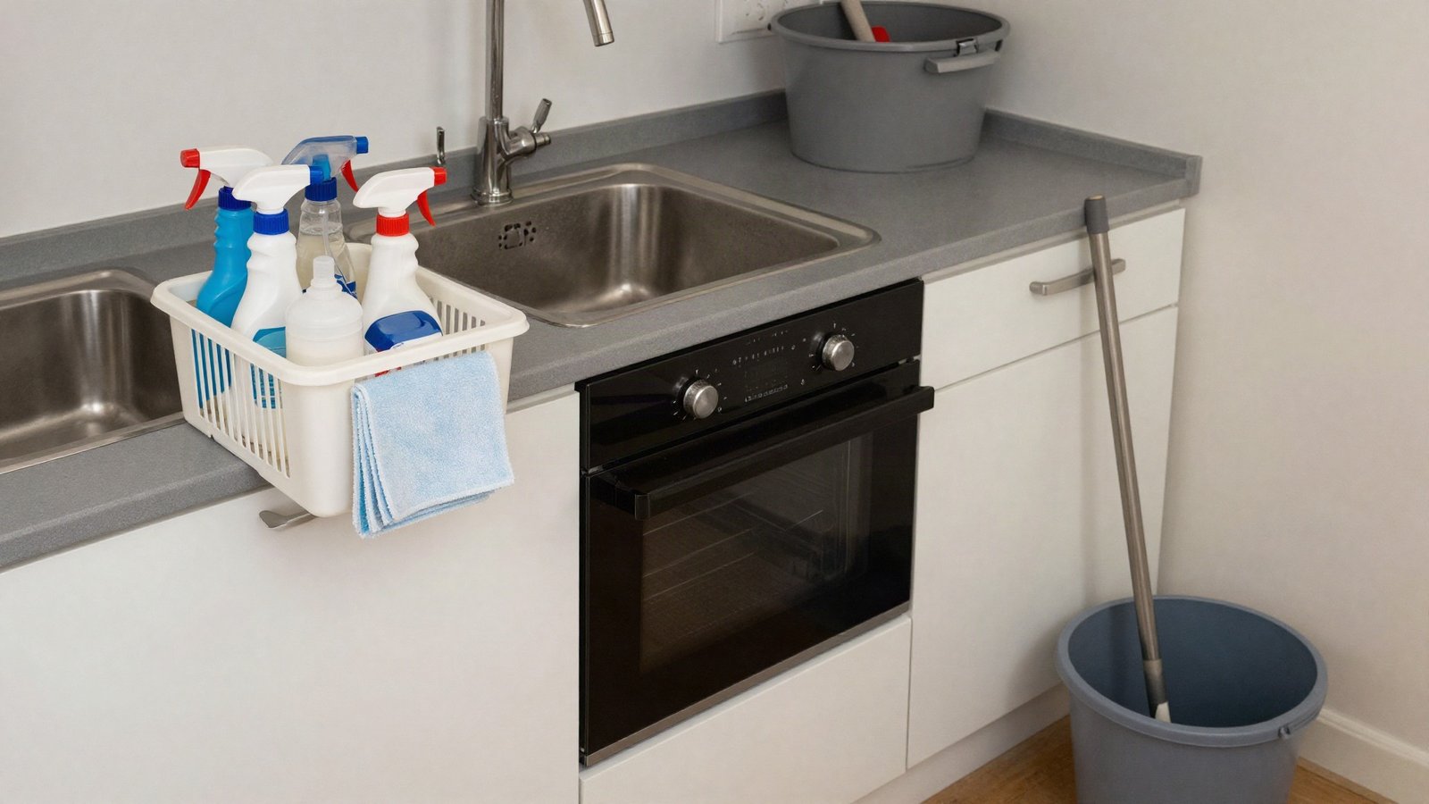 Cleaning caddy with spray bottles, microfibre cloths and a mop on the worktop of a tidy UK kitchen