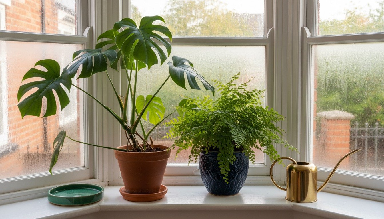 A monstera and a fern in terracotta pots on a wooden windowsill in a British living room, with a long-spouted watering can and a drip tray beside them