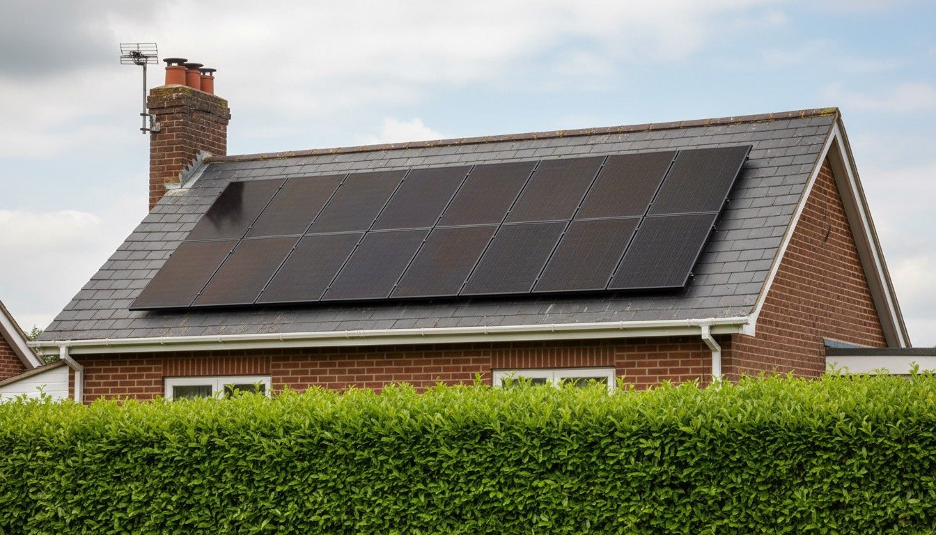 Black solar panels fitted to the pitched slate roof of a UK semi-detached house on a bright day