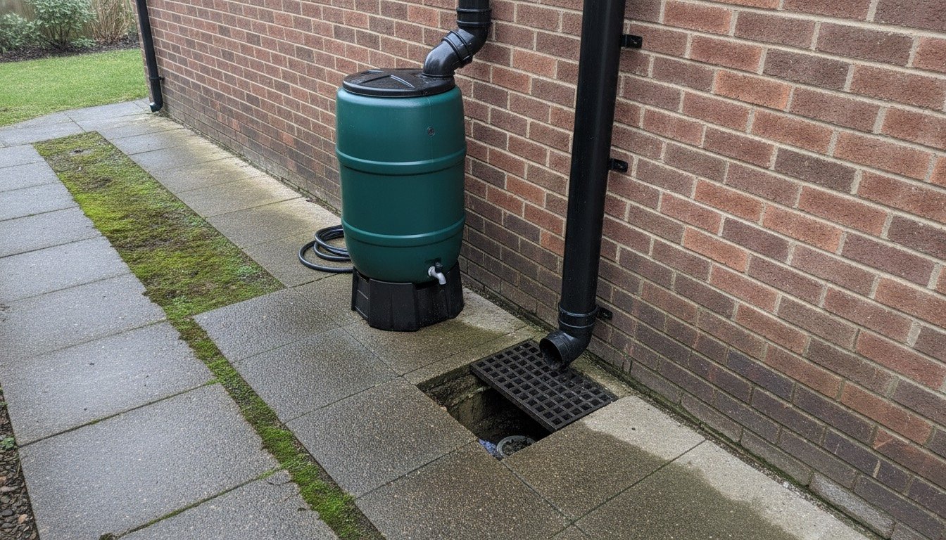 A black uPVC downpipe with a shoe discharging into a trapped gully beside a red brick wall on a wet British house exterior