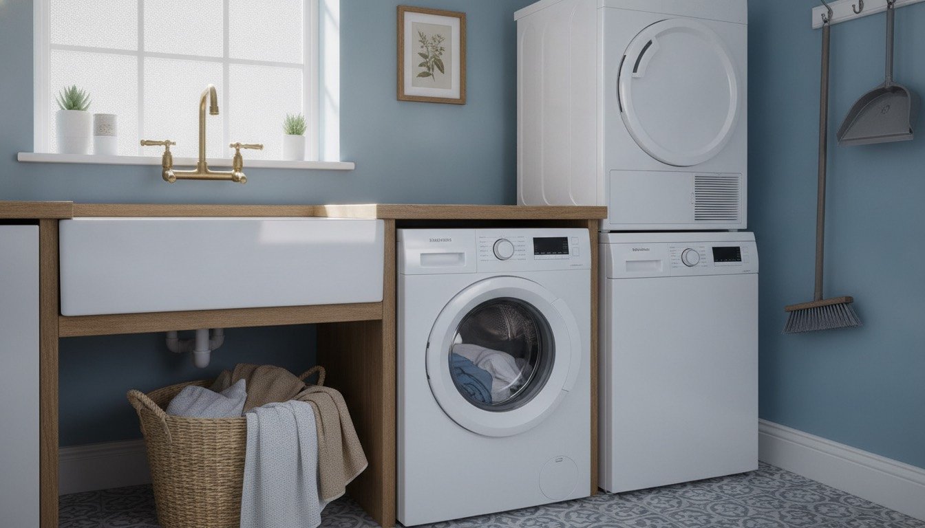 A front-loading washing machine and stacked condenser dryer in a UK utility room, with a laundry basket of folded towels on the tiled floor