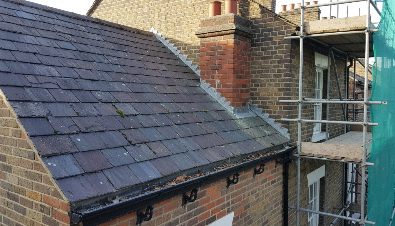 Welsh slate roof on a Victorian terrace with a brick chimney stack, lead flashing and cast iron guttering