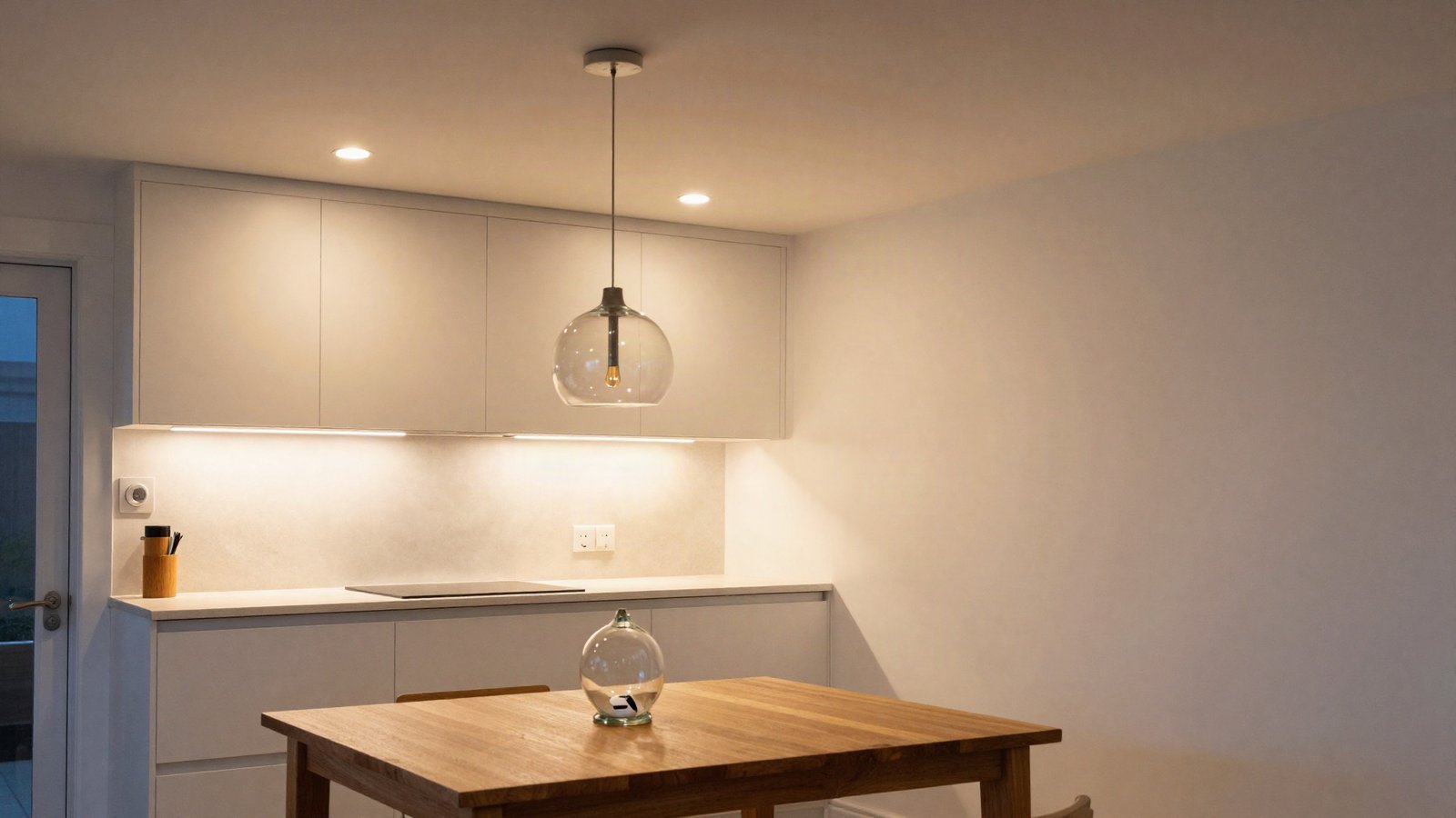 Warm LED downlights and an under-cabinet light strip illuminating a UK kitchen worktop at dusk