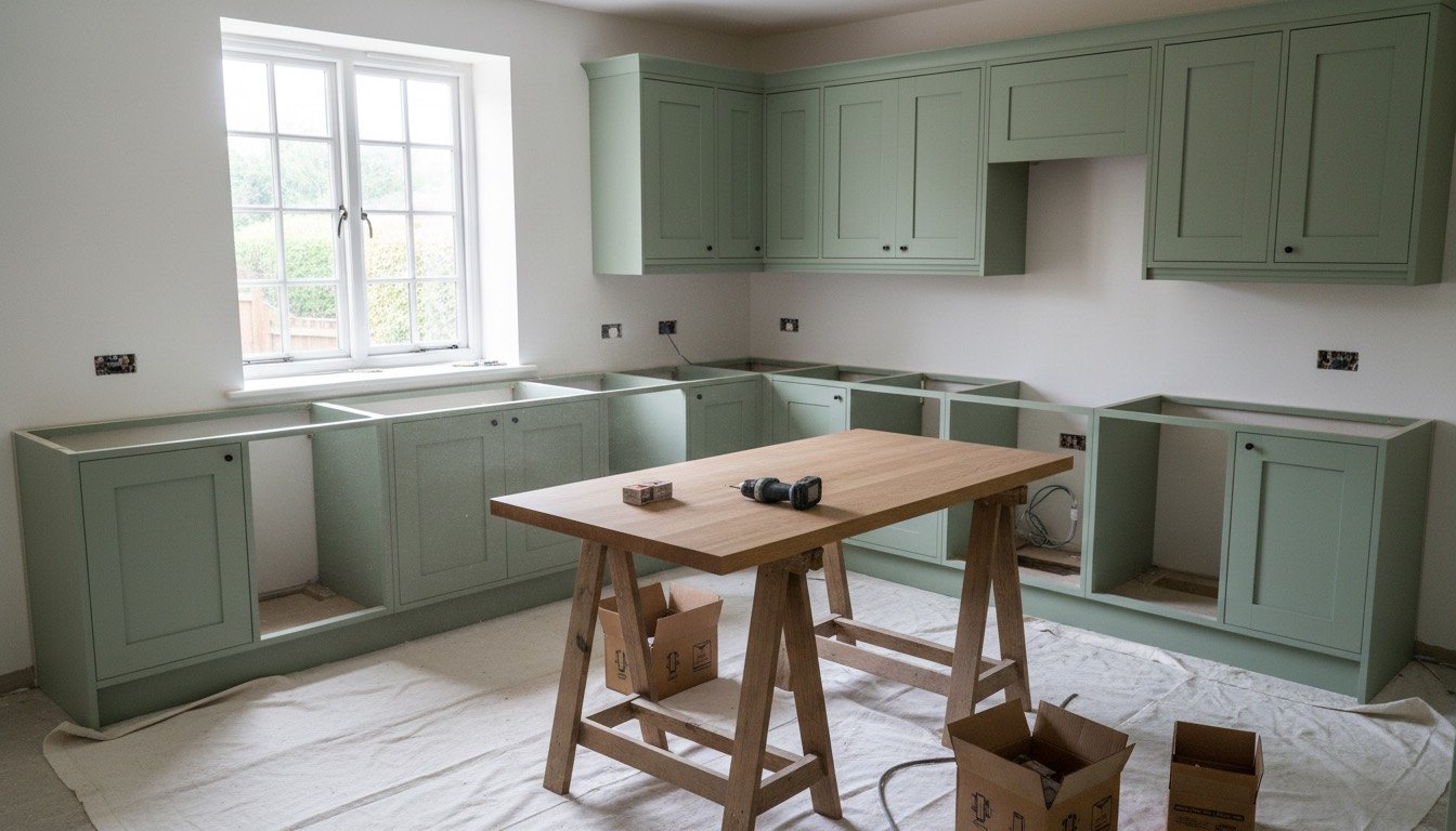 Sage green shaker kitchen base units part-installed along a plastered wall with an oak worktop waiting on trestles