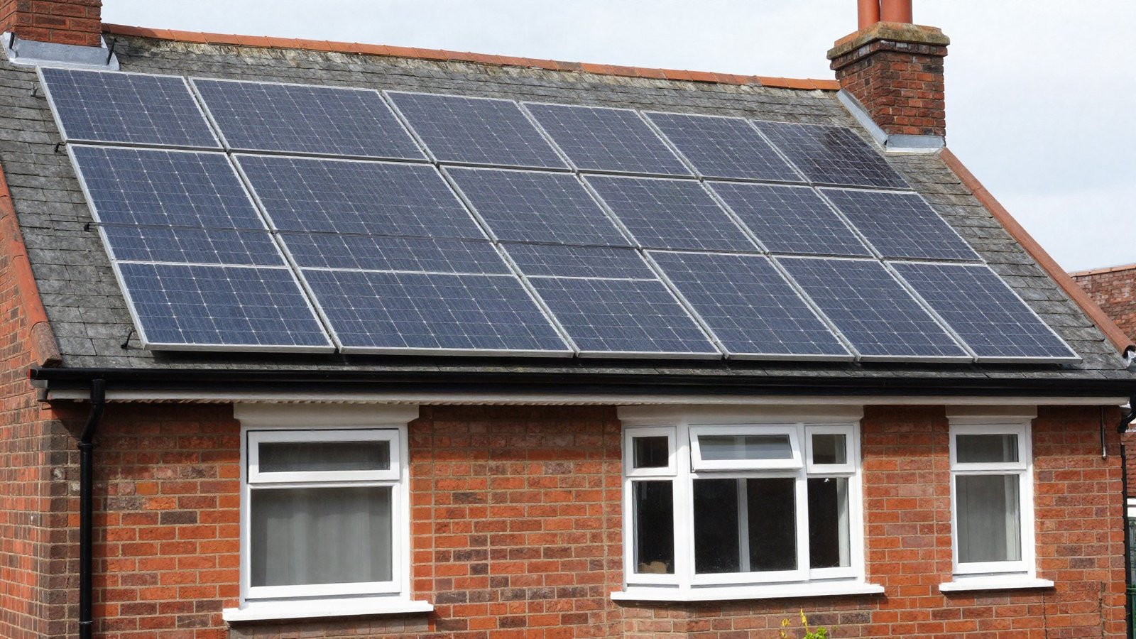 Black solar panels fitted flush to the slate roof slope of a British semi-detached house on a bright day