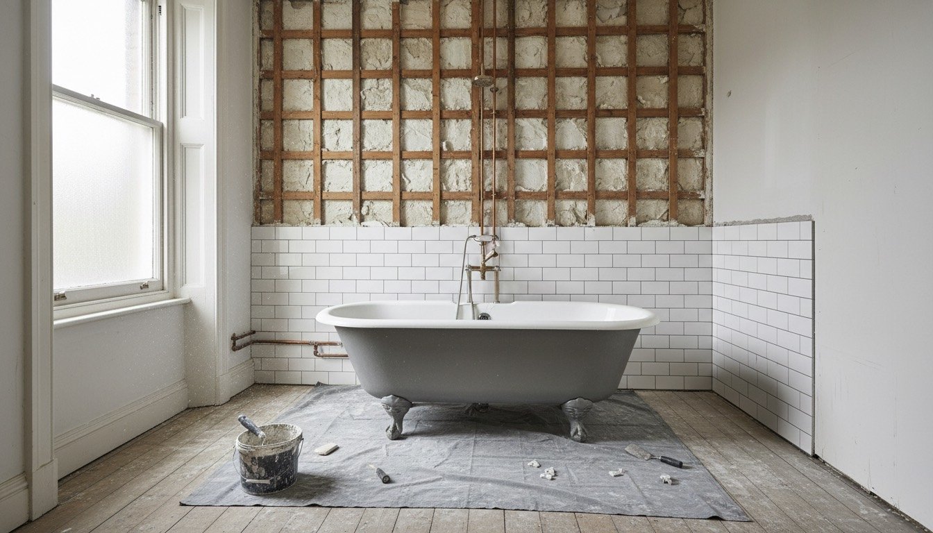 Part-renovated Victorian bathroom with a cast iron bath, exposed lath and plaster wall and new copper pipework