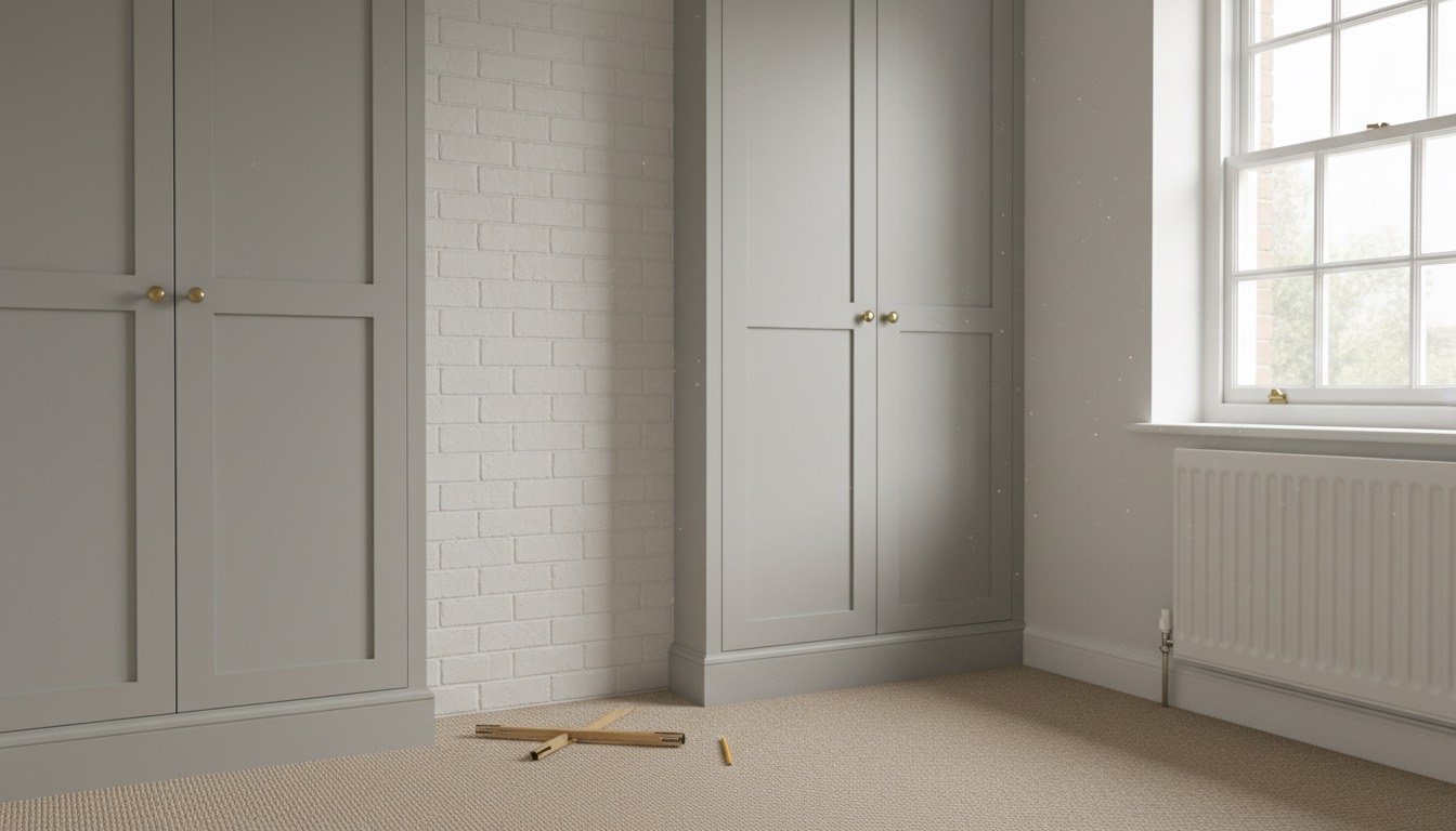 Floor-to-ceiling fitted wardrobe with painted shaker doors built into a bedroom alcove beside a chimney breast
