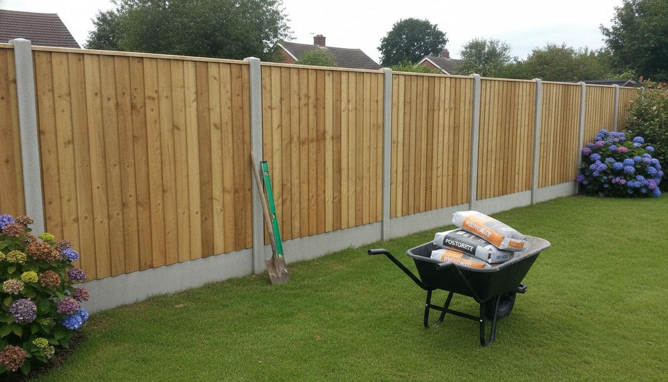 New 1.8m feather edge closeboard fence with concrete posts and gravel boards along the rear boundary of a UK suburban garden