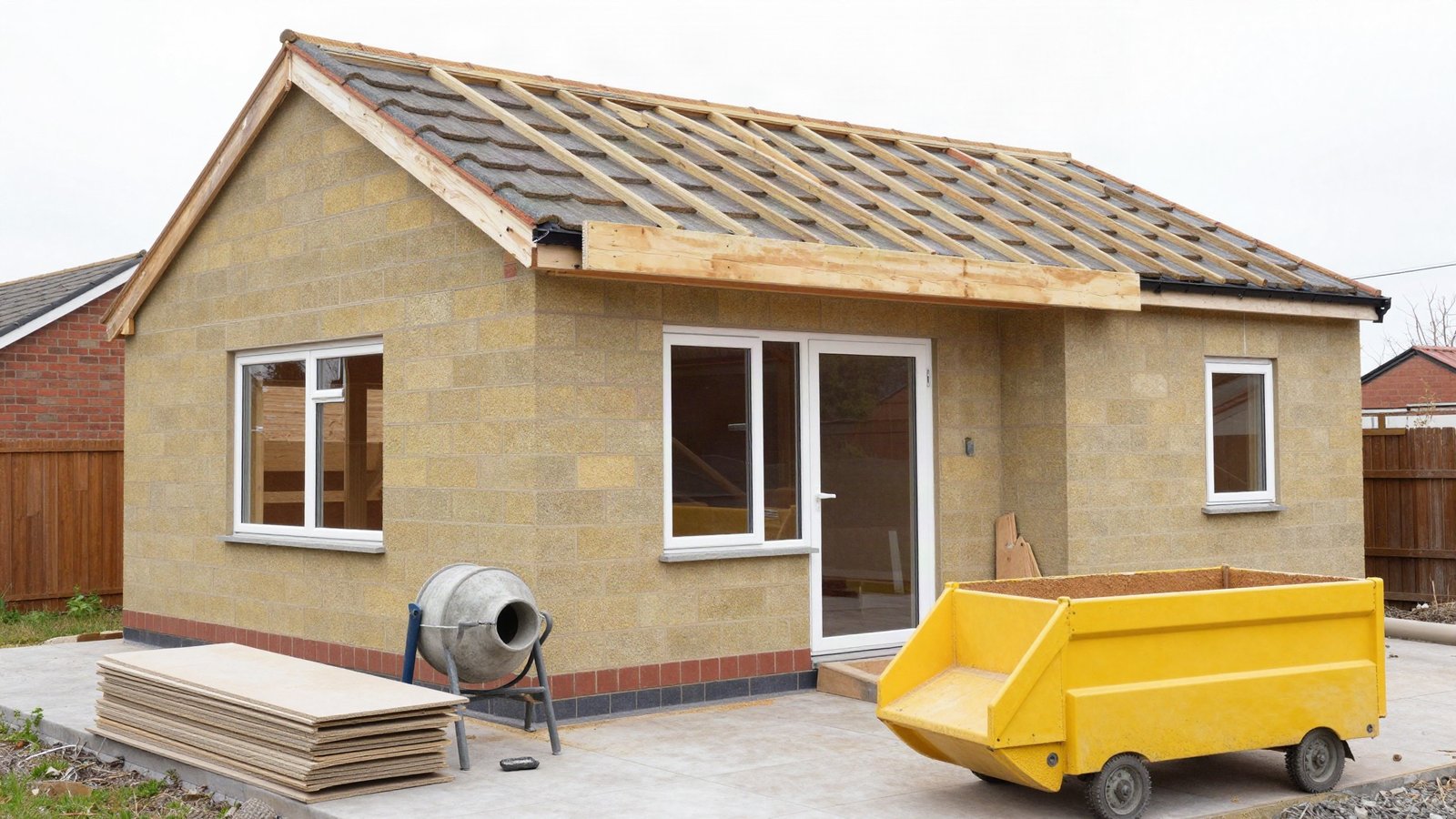 A half-finished single-storey rear extension on a UK semi-detached house, with blockwork walls, roof timbers and a stack of plasterboard on the floor