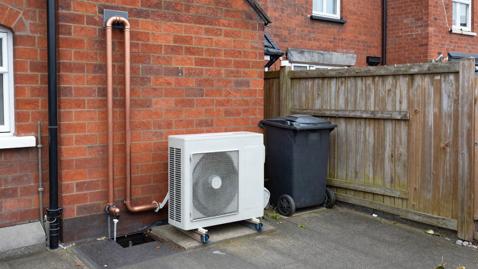 An air source heat pump unit mounted on a paved side return beside a red-brick British semi-detached house, with insulated pipework running into the wall