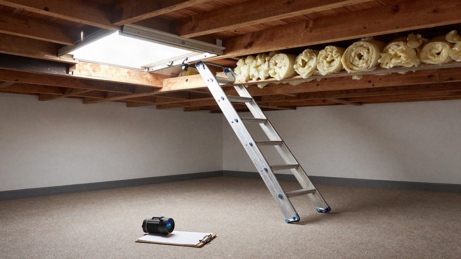 Open loft hatch in a 1930s semi with a thermal imaging camera, clipboard and rolls of mineral wool insulation on the landing below