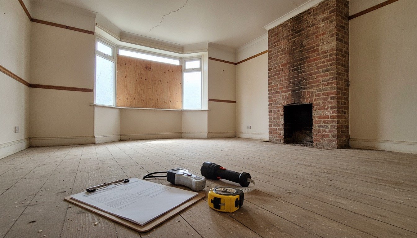 Surveyor's torch, moisture meter, clipboard and tape measure laid out on bare floorboards in an empty 1930s British front room
