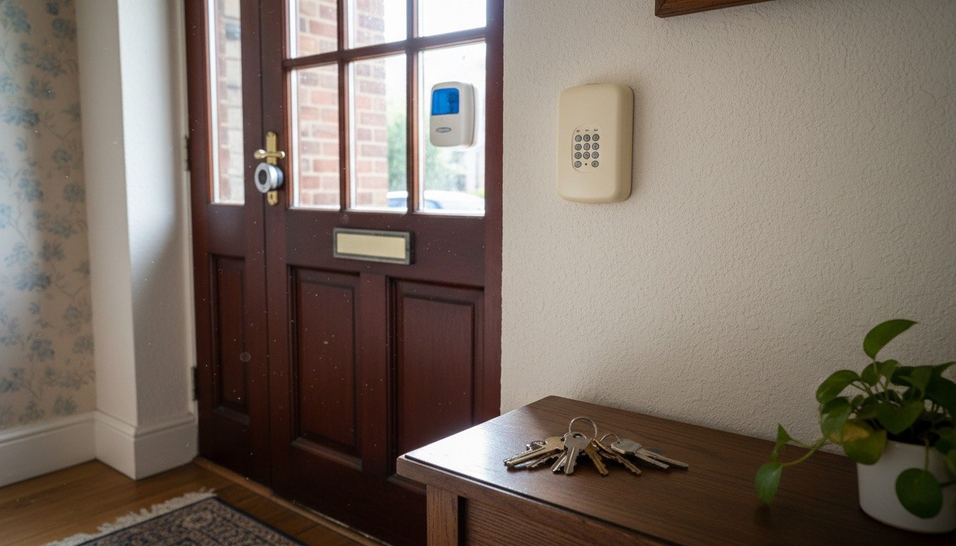 Wireless alarm keypad and video doorbell beside the front door of a UK semi-detached house