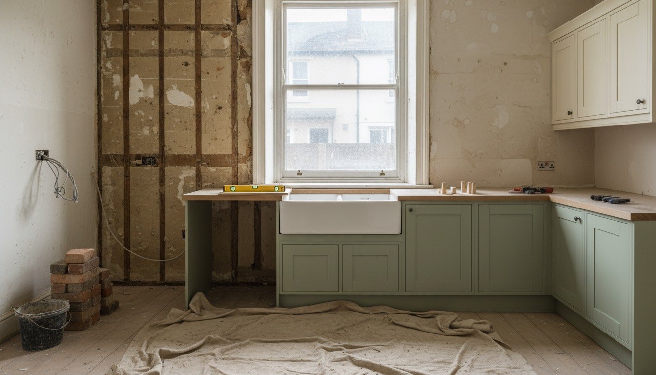 A part-refitted Victorian terrace kitchen with painted shaker base units, exposed lath and lime plaster on one wall, a spirit level on a worktop offcut and dust sheets over floorboards