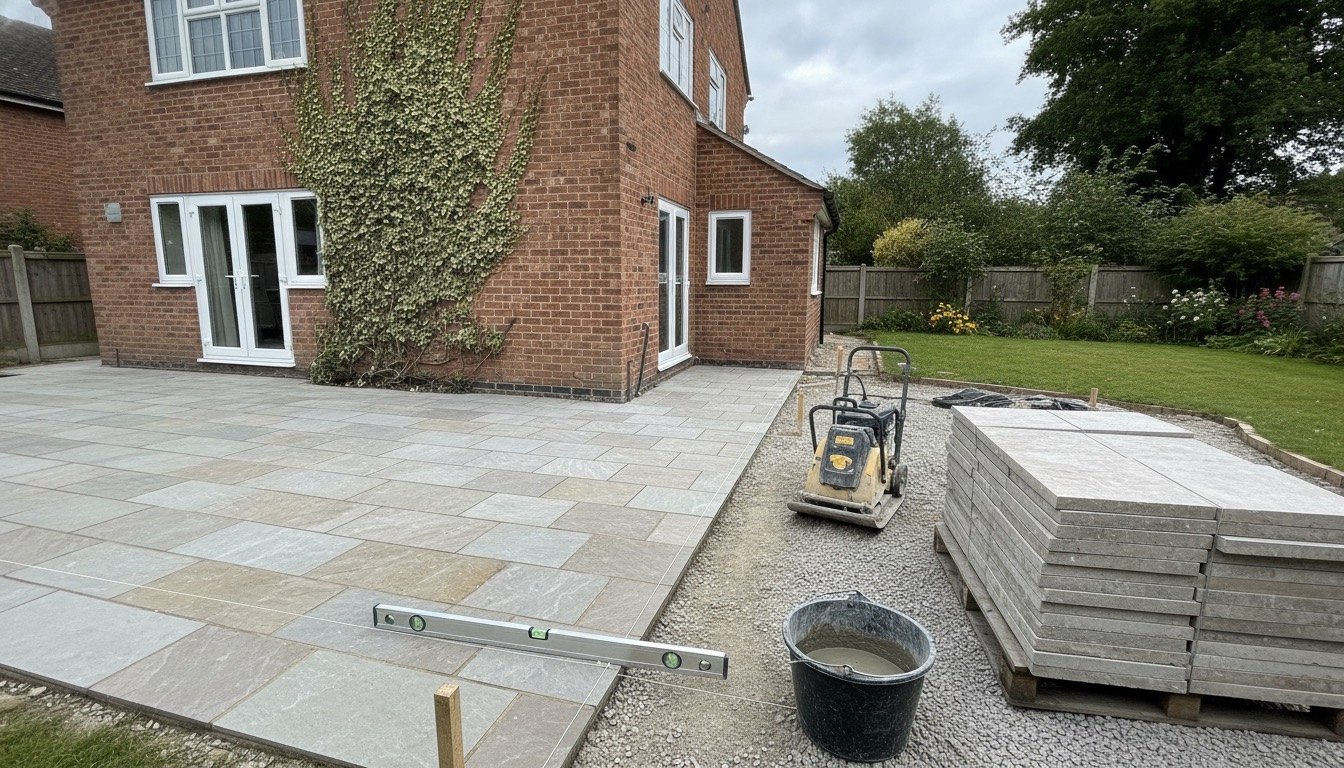 A newly laid Indian sandstone patio behind a red-brick British semi, with a compacted sub-base and stacked slabs at one edge